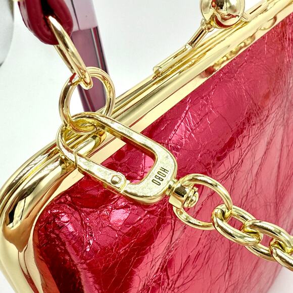 HOBO Alba Crossbody Purse Strawberry Fields Metallic Pink Leather Gold Kiss Lock - Picture 6 of 10